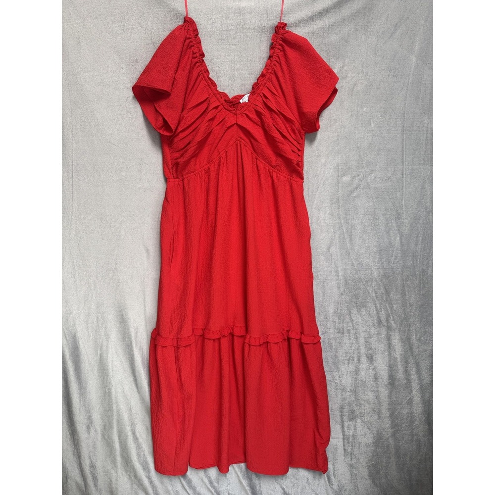 Sofia Jeans Dress Womens Large Red Midi Fit Flare Ruched Boho Flutter Sleeve